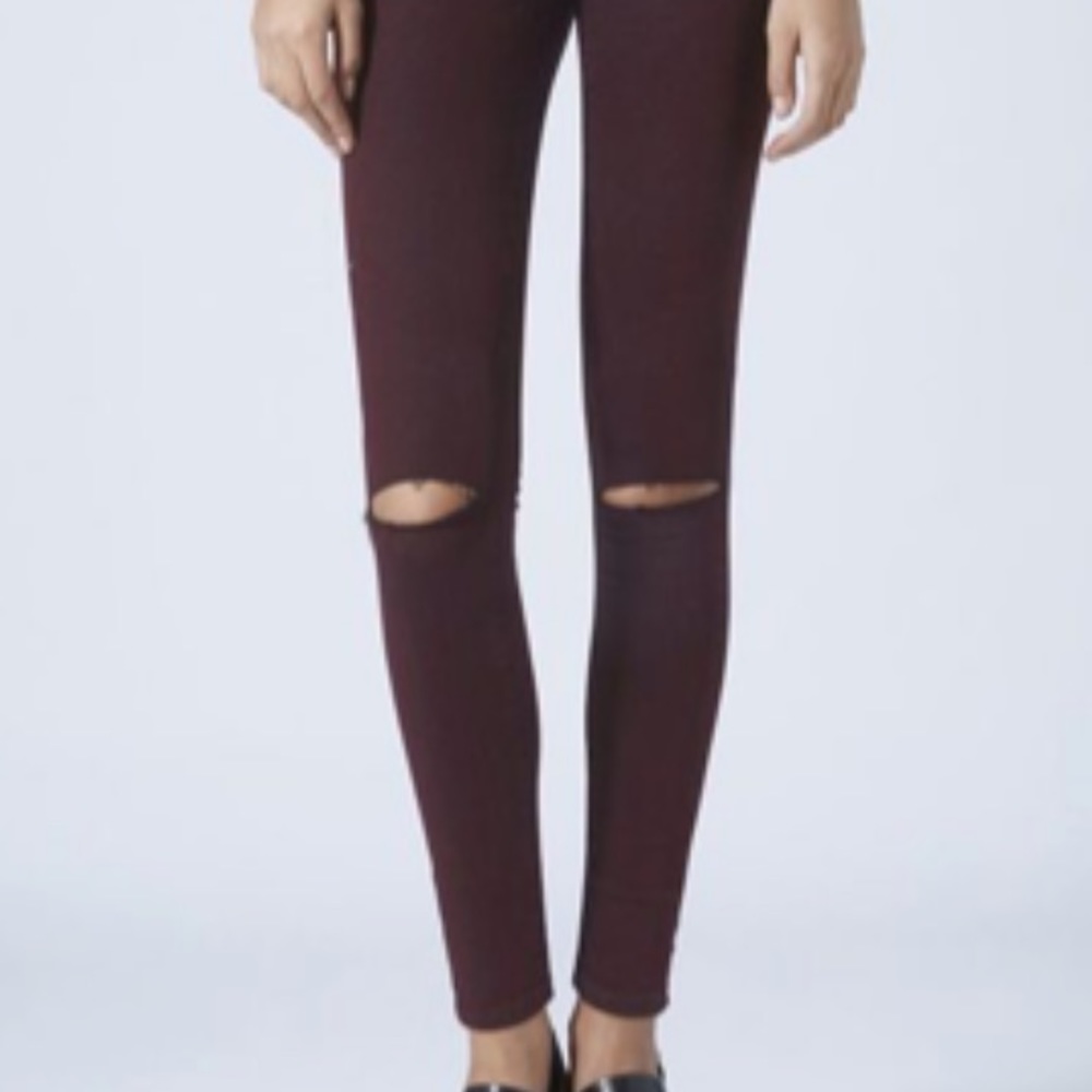 Topshop Burgundy Moto Leigh Skinny Jeans with Rips (Size 28)